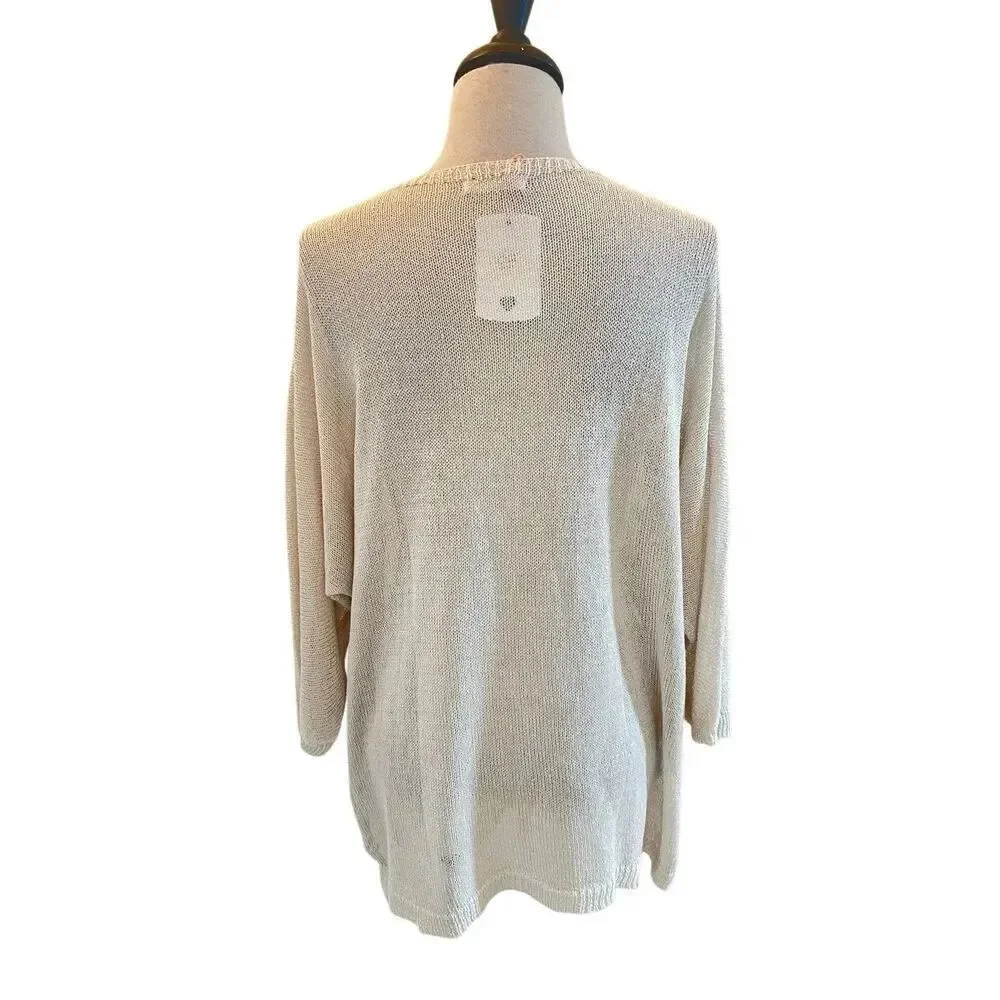 Marisima Italian Womens Gold Metallic Knit V-Neck Lightweight Sweater Beige One
